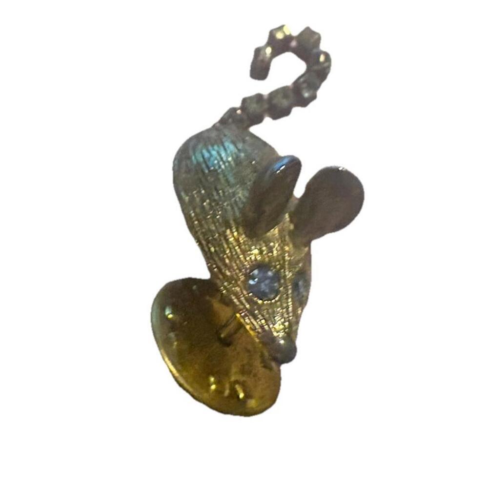 Vintage Avon Mouse Pin Rhinestone Tail Gold Tone Blue Eyes Signed